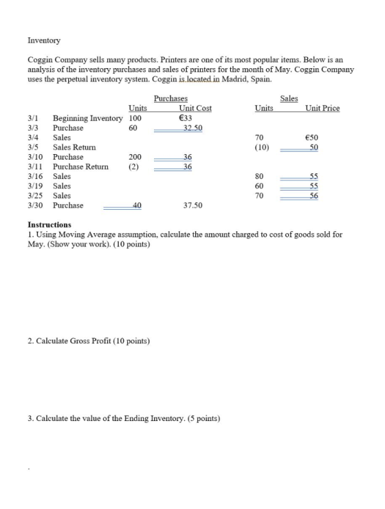Inventory Coggin Company sells many products. Printers are one of its most popular items. Below is an analysis of the invento