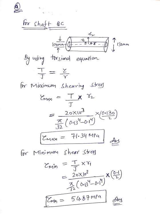 @ for shaft BC ny loomm foto 130mm By using torsional equation ㅜ Z 41 for Maximum Shearing Stres max Tx 8, J 0.130) 푸 20x103