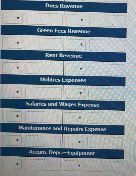 Dues Revenue Green Fees Revenue Rent Revenue Utilities Expenses Salaries and Wages Expense Maintenance and Repairs Expense Accum. Depr.-Equipment