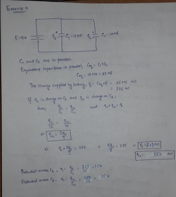 xercise and ( are in parallel. Equivalent capacitance in pesatilel T he charge supplie bl battery, d. CepEニ 25xis AC and Vit
