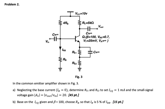 Problem 2. T Vcc=10v 4R3 Rc=5k12 Ko Yout C=0 Q(8=100, VBE=0.7, V=25mV, VA ) IRB IC=0 RB Fig. 3 In the common emitter amplifie