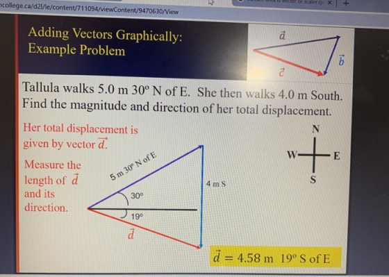 vector or scaler X + college.ca/d2l/le/content/711094/viewContent/9470630/View à to Adding Vectors Graphically: Example Probl