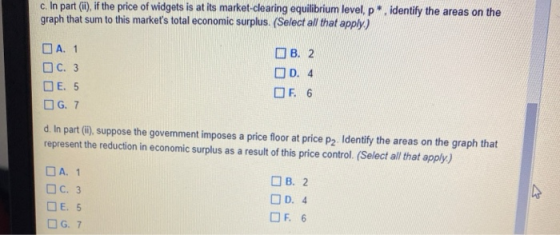 c. In part (11), if the price of widgets is at its market-clearing equilibrium level, p, identify the areas on the graph that