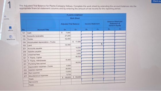 Check my 1 The Adjusted Trial Balance for Planta Company follows. Complete the work sheet by extending the account balances i