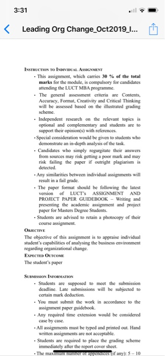 3:31 Leading Org Change_Oct2019_I. INSTRUCTION TO INDIVIDUAL ASSIGNMENT This assignment, which carries 30 % of the total mark