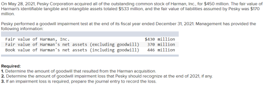 On May 28, 2021, Pesky Corporation acquired all of the outstanding common stock of Harman, Inc., for $450 million. The fair v