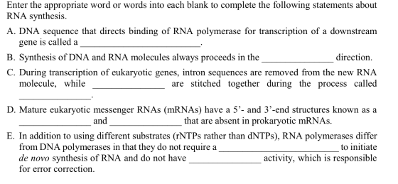 Enter the appropriate word or words into each blank to complete the following statements about RNA synthesis. A. DNA sequence