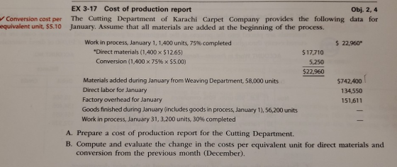 Conversion cost per equivalent unit, $5.10 EX 3-17 Cost of production report Obj. 2,4 The Cutting Department of Karachi Carpe