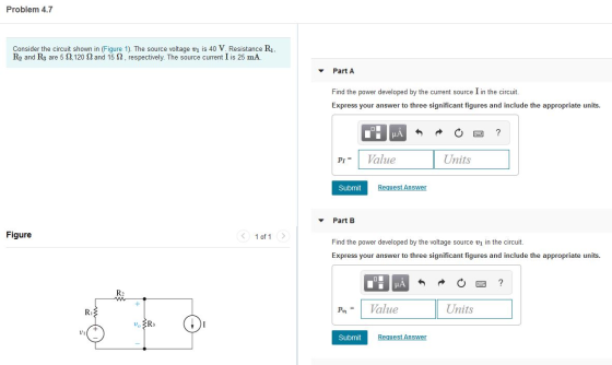 Problem 4.7 Consider the circuit shown in (Figure 1). The source voltage v1 is 40 V. Resistance R1, R2 and R3 are 5 ,120 and