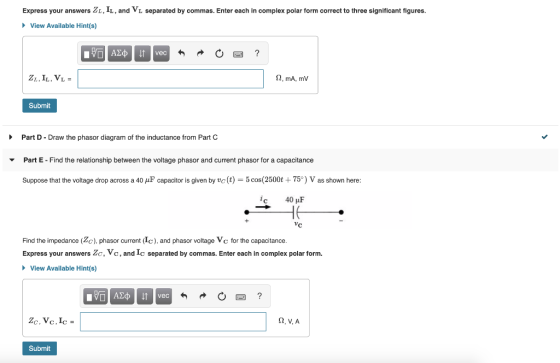 Express your answers ZL, IL, and VL separated by commas. Enter each in complex polar form correct to three significant figure