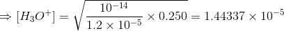 10-14 = [H3O+]=V 1.2 x 10-5 X 0.250 = 1.44337 x 10-5