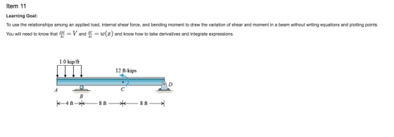 Item 11 Learning Goal: To use the relationships among an applied load, internal shear force, and bending moment to draw the variation of shear and moment in a beam without writing equations and plotting points. You will need to know that dM V and (a) and know how to take derivatives and integrate expressions. 1.0 kip/ft 12 ft-kips 8 ft 8 ft