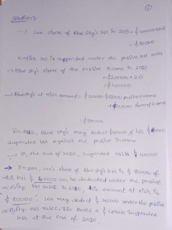 solution is Lee shape of Blue Skys loss in 2019 = $ 4000w x207 = $ 80000 passine loss sules Entire loss is suppended under t