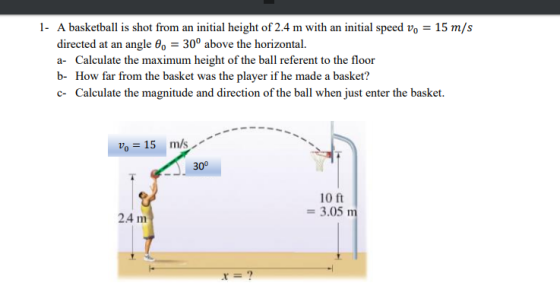 1- A basketball is shot from an initial height of 2.4 m with an initial speed v. = 15 m/s directed at an angle 6. = 30° above