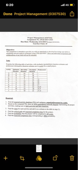 6:20 all 4G Done Project Management (0307530) Project Management (03753 Assignment No. 2/Fall 2019-220 Dee Date: Wednesday 6/