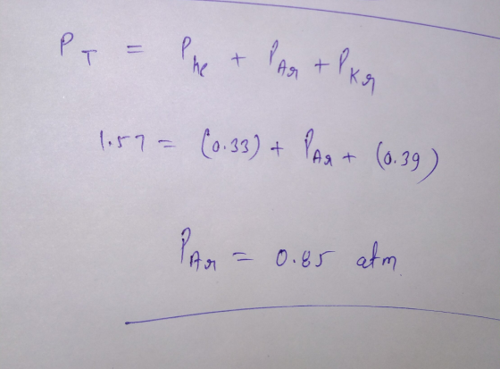 PT = The + PAR +Pkg 1.57 = (0.33) + PAR + (6.39) PAR = 0.85 atm