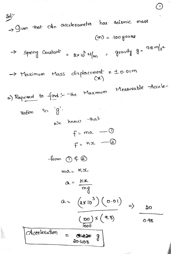given that accelesomete has s eismic mass Spoing Constant- sms ravi се) Mtoele- easuxable maximum 。) Requise-to-fand-he Sation e know that Pom@ o 98 looo cAccelesatian . 2o-408