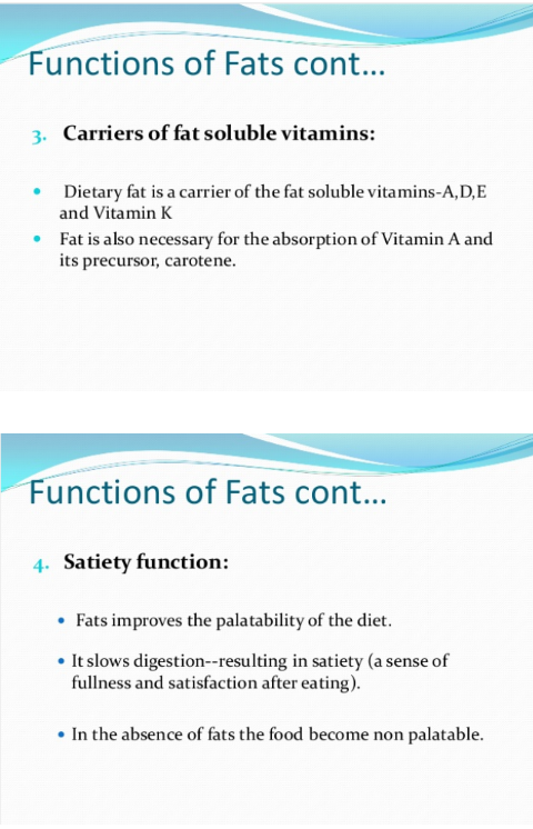 Functions of Fats cont... 3. Carriers of fat soluble vitamins: Dietary fat is a carrier of the fat soluble vitamins-A,D,E and