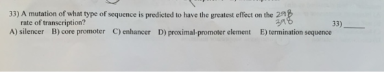 33) A mutation of what type of sequence is predicted to have the greatest effect on the 21% rate of transcription? - 298 33)