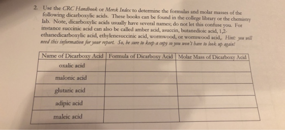 2. Use the CRC Handbook or Merck Index to determine the formulas and molar masses of the following dicarboxylic acids. These