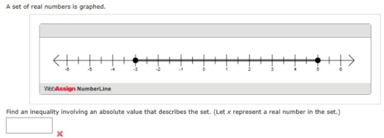 A set of real numbers is graphed. 4 > -6 -1 0 1 2 3 WebAssign. Numberline Find an inequality involving an absolute value that