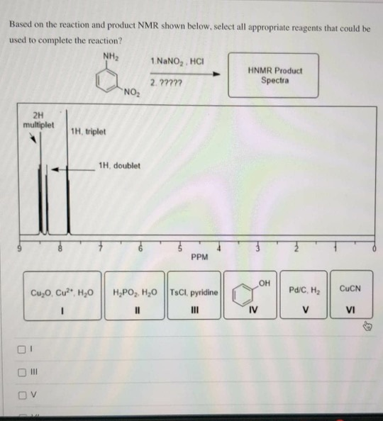 Based on the reaction and product NMR shown below, select all appropriate reagents that could be used to complete the reactio