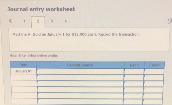Journal entry worksheet < 2 4 1 Machine A: Sold on January 1 for $12,000 cash. Record the transaction. Note: Enter debits bef