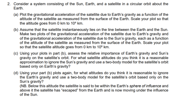 2. Consider a system consisting of the Sun, Earth, and a satellite in a circular orbit about the Earth. (a) Plot the gravitat