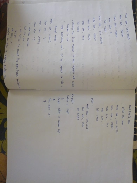 mau ea, SYS READ may b STDIN mou Cvesl, eas print the hu mov eb,STDOUT mou ecx, Yes mov ed, 2 int ox8o mou eb,STDOUT mou eax, Sys ExIT mol e, len 3 int oxso Int ox8o , meving the fiv unbet to ear xkgjtev and seen Reu mout Enber a digit: 3 Pleae cnte a heland bit dedimal niunbs hov cat, Cnam The Sum is ,oldeam and eb 、0°to to conveyh A SCTI mernory location γι