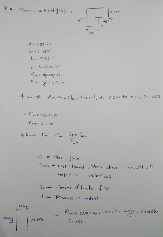 & Giren: 2x10 Wood joists 4.625 1 1/ A = 13.875in2 Sx = 21,3930? Ix=98.93 in4 E = 1,200,000psi Fbn = $(850psi) Fun= $(150 p