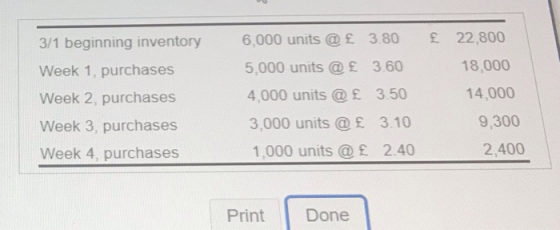 3/1 beginning inventory 6,000 units@E 380 22,800 Week 1, purchases Week 2, purchases Week 3, purchases Week 4, purchases 5,00