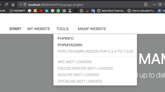 → C ourite o 10S/SWIFT localhost:8888/MAMP/?language=English, C D - o o © Spice Bowl Financia ... How to calculate F... Ron S
