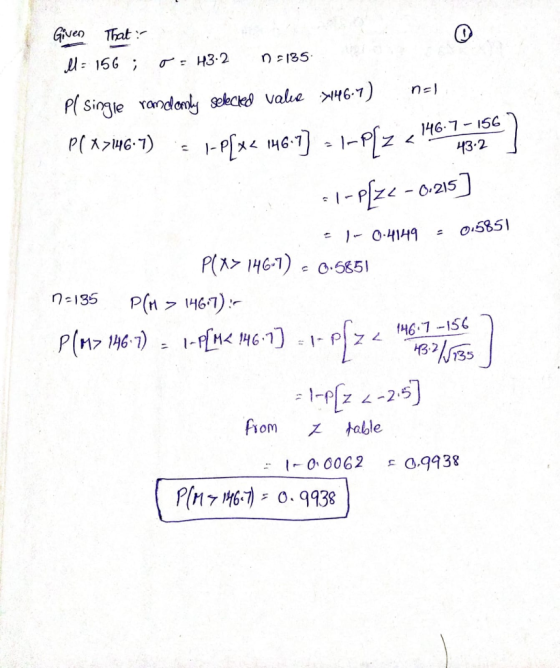Given That Il = 156 ; 0:43.2 05135 Pl single randanty selected valie >1464) nel P(X>146.7) = 1-P{ x < 146.7] =1-PZ 2 146.7-15