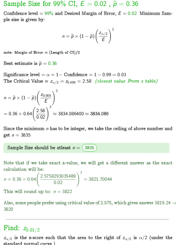 Sample Size for 99% CI, E-002 , Þ = 0.36 Confidence level 99% and Desired Margin of Error, E-0.02 Minimum Sam ple size is giv