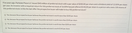 Five years ago, Parkdale Plaza LLC issued $40 million of preferred stock with a par value of $200.00 per share and a dividend