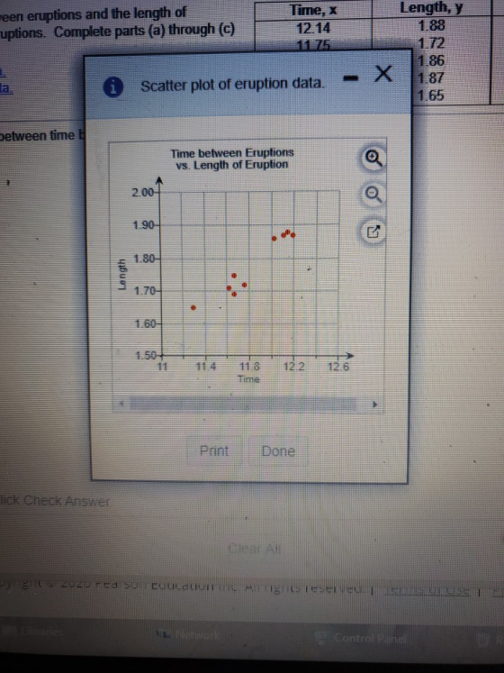 een eruptions and the length of uptions. Complete parts (a) through (c) Time, x 12.14 Length, y 1.88 x Scatter plot of erupti