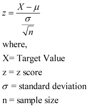 X – u Z= o Jn where, X= Target Value z=z score o = standard deviation = sample size