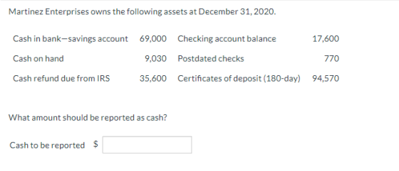 Martinez Enterprises owns the following assets at December 31, 2020. Cash in bank-savings account 69,000 Checking account bal