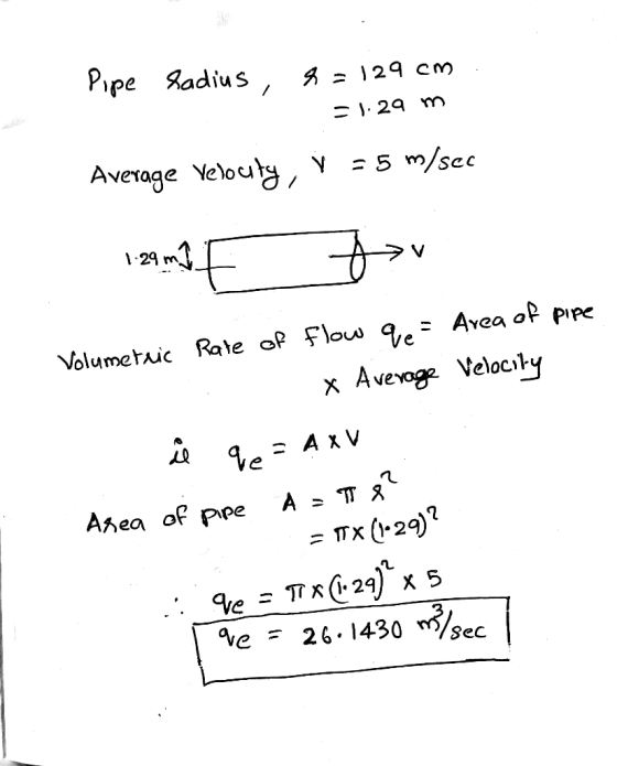 Pipe Sadius, 8=129 cm =129 m Average velouty, V = 5 m/sec Volumetric Rate of Flow Ye - Avea of pipe x Average Velocity ů qe =