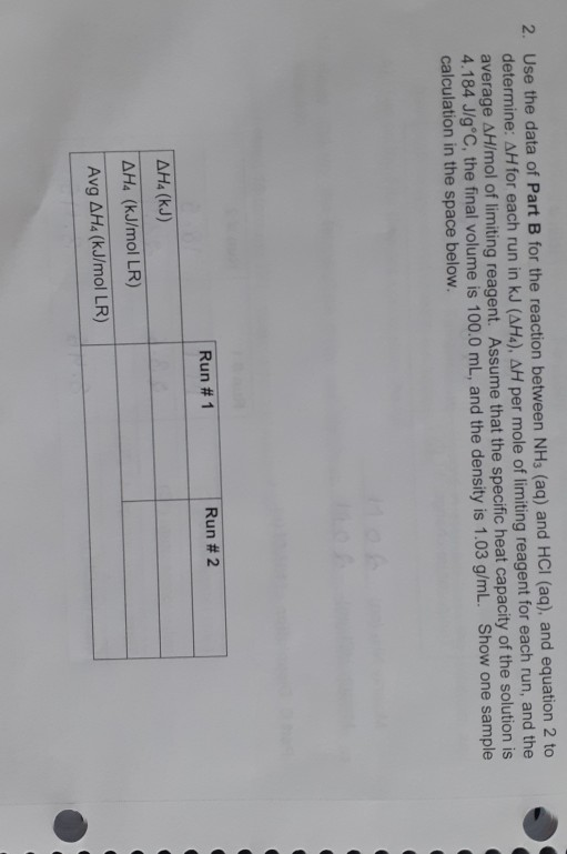 2. Use the data of Part B for the reaction between NH3 (aq) and HCl (aq), and equation 2 to determine: AH for each run in kJ