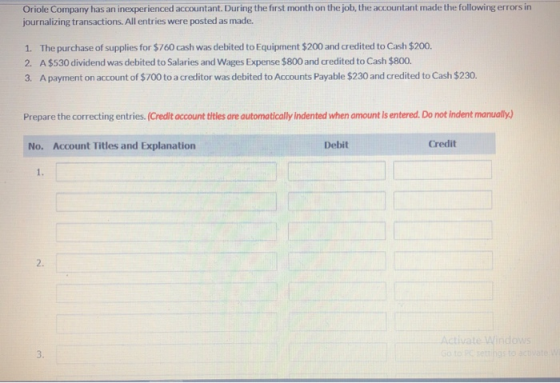 Oriole Company has an inexperienced accountant. During the first month on the job, the accountant made the following errors i