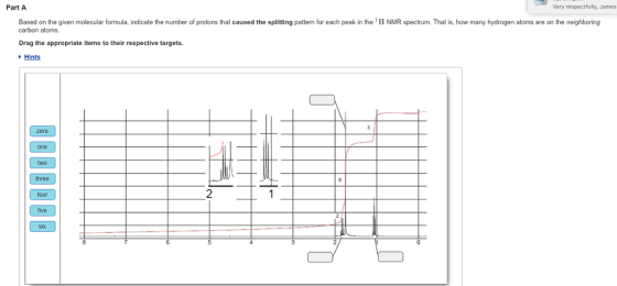 Part A Very respectfully, James Based on the given molecular formula, indicate the number of protons that caused the splitting pattern for each peak in the H NMR spectrum. That is, how many hydrogen atoms are on the neighboring carbon atoms Drag the appropriate items to their respective targets. Hints zero one two 2 four five six