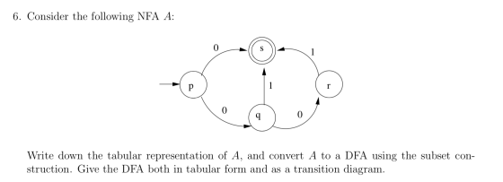 6. Consider the following NFA A: Write down the tabular representation of A, and convert A to a DFA using the subset con- str