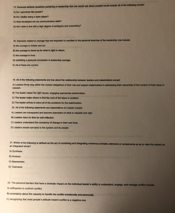 17. Personal attribute questions pertaining to leadership that one would ask about oneself would include all of the following