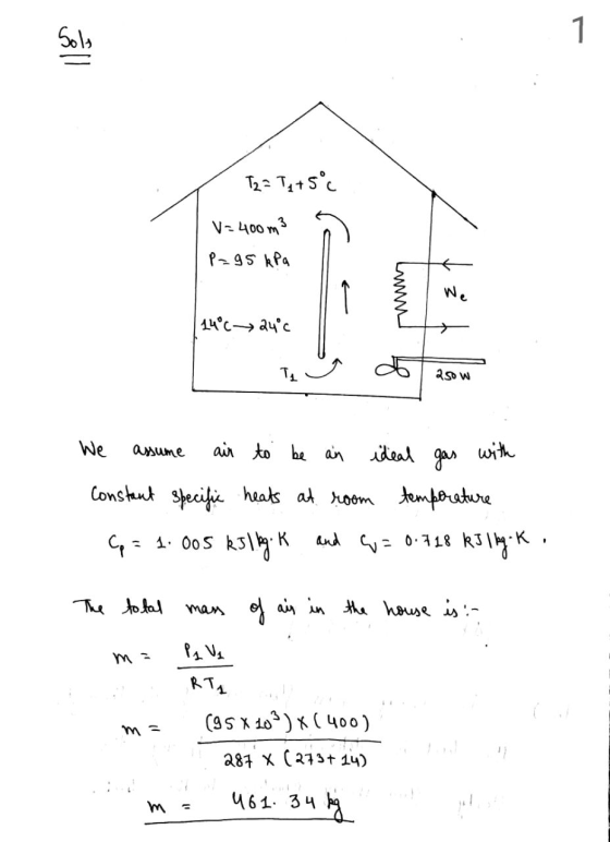 Sole 1 T2= Tu +5°c V-400 m3 P=95 kPa We 14°C 24°C Ta 250 W assume We air to be an ideal gas with constant specific heats at r