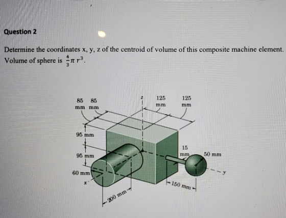 Question 2 Determine the coordinates x, y, z of the centroid of volume of this composite machine element. Volume of sphere is