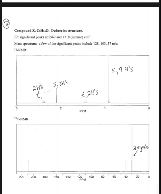 Compound Z, CaHie0. Deduce its structure. IR: significant peaks at 2962 and 1718 (intense) cm. Mass spectrum: a few of the si
