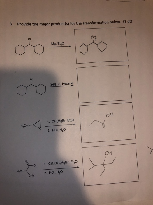3. Provide the major product(s) for the transformation below. (1 pt) 2eq. Li, Hexane H.C 1. CH,MgBr, Eto 2. HCI, H,0 애 -C CH