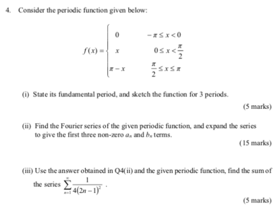 4. Consider the periodic function given below: f(x)-x 0 ㄨㄑㄧ (i) State its fundamental period, and sketch the function for 3 p