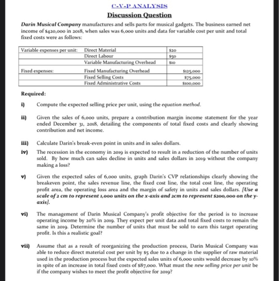 C-V-P ANALYSIS Discussion Question Darin Musical Company manufactures and sells parts for musical gadgets. The business earne